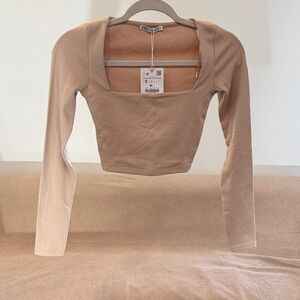 Zara Beige Long Sleeve Crop Top